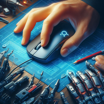 도구들이 펼쳐진 책상 위 마우스 클릭