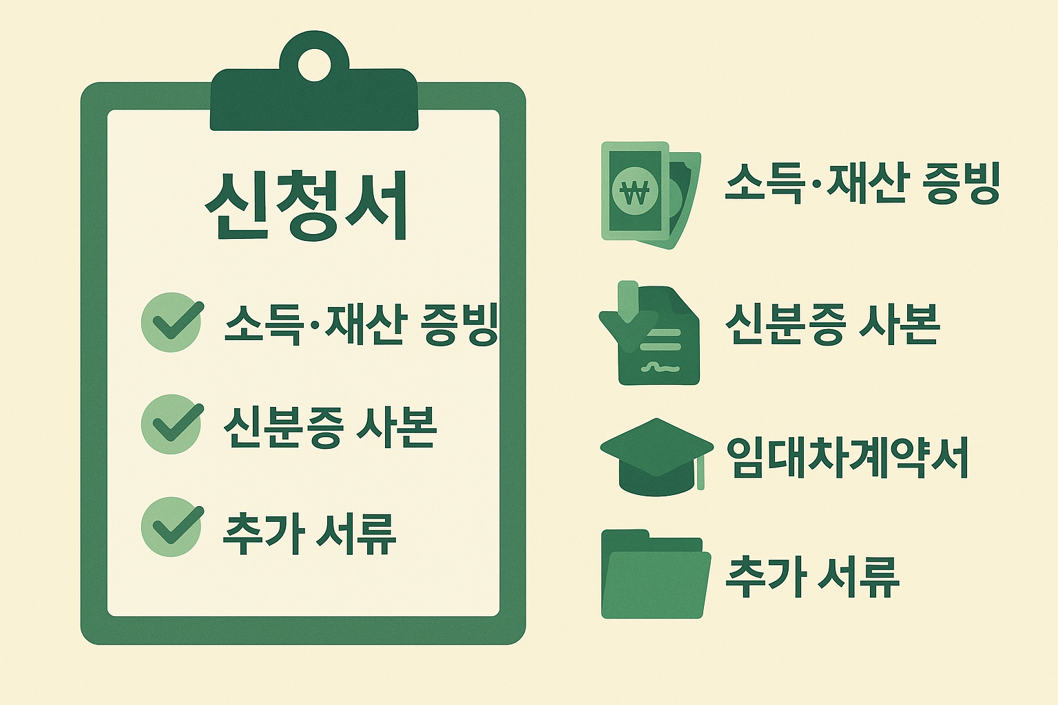 소득증빙, 신분증, 임대차계약서 등 생계급여 신청 시 필요한 서류 안내 인포그래픽