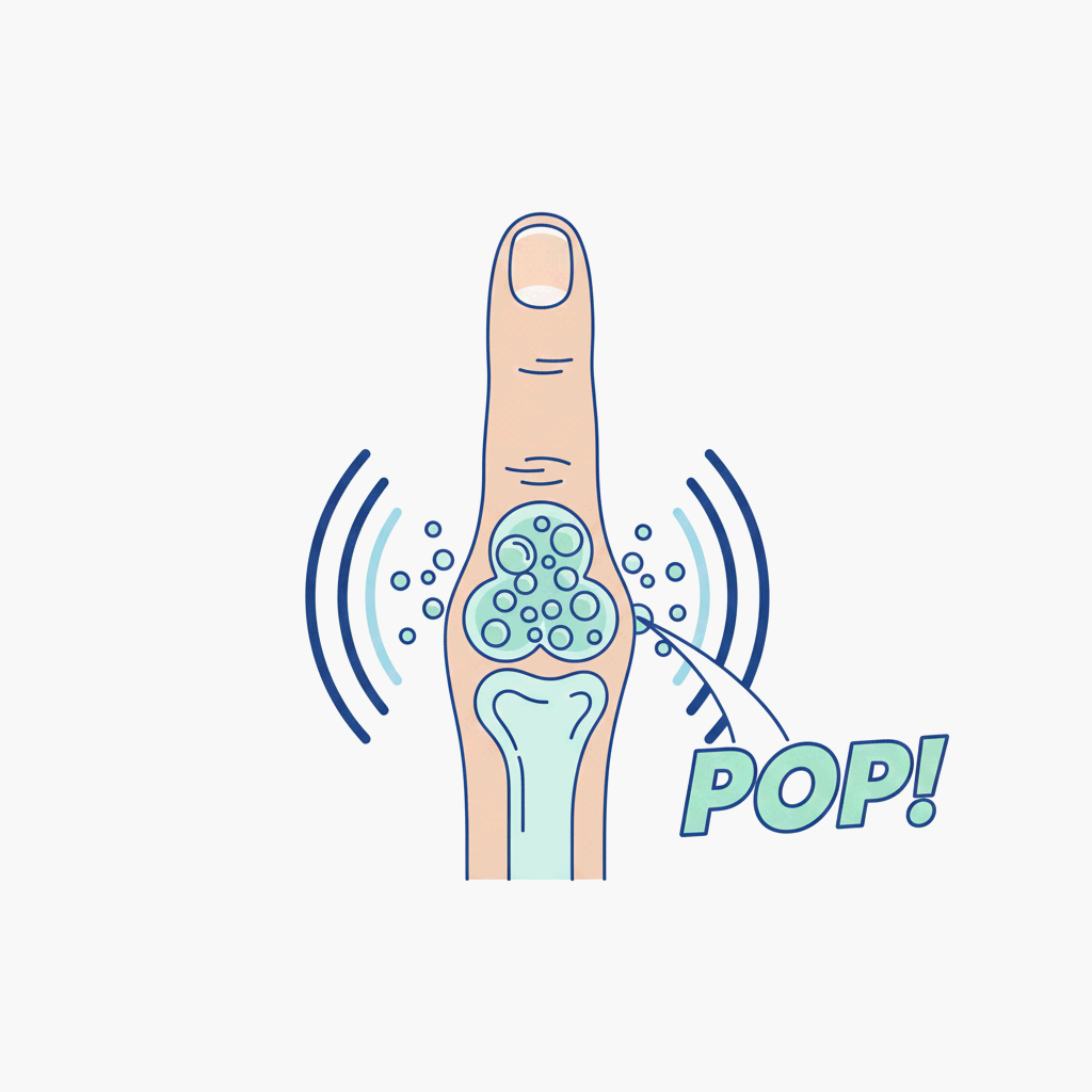 손가락 관절을 꺾을 때 &lsquo;딱&rsquo; 소리가 나는 원인과 압력 변화를 상징적으로 표현한 일러스트레이션