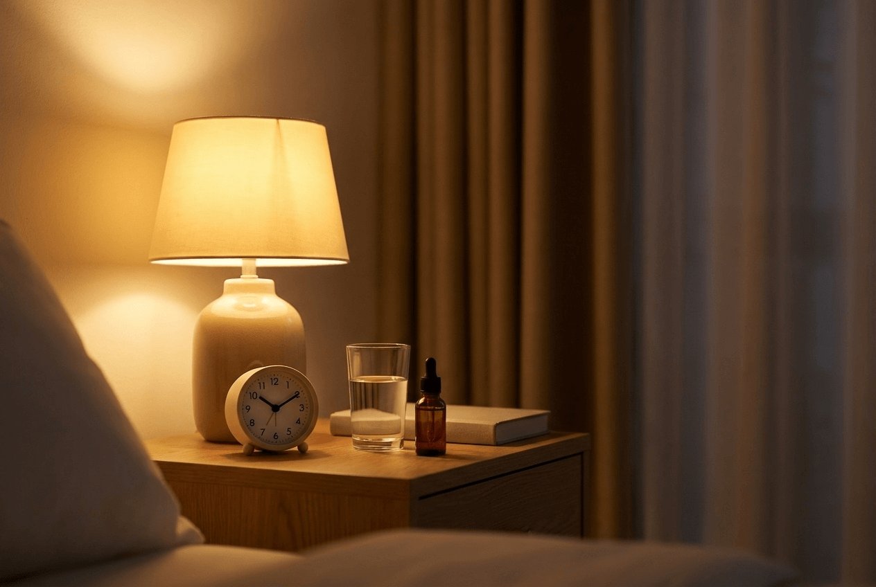 멜라토닌 복용 타이밍을 상징하는 침실 루틴 장면(조도 낮춘 방, 시계, 물컵). 멜라토닌 키워드를 포함해 차분한 분위기.