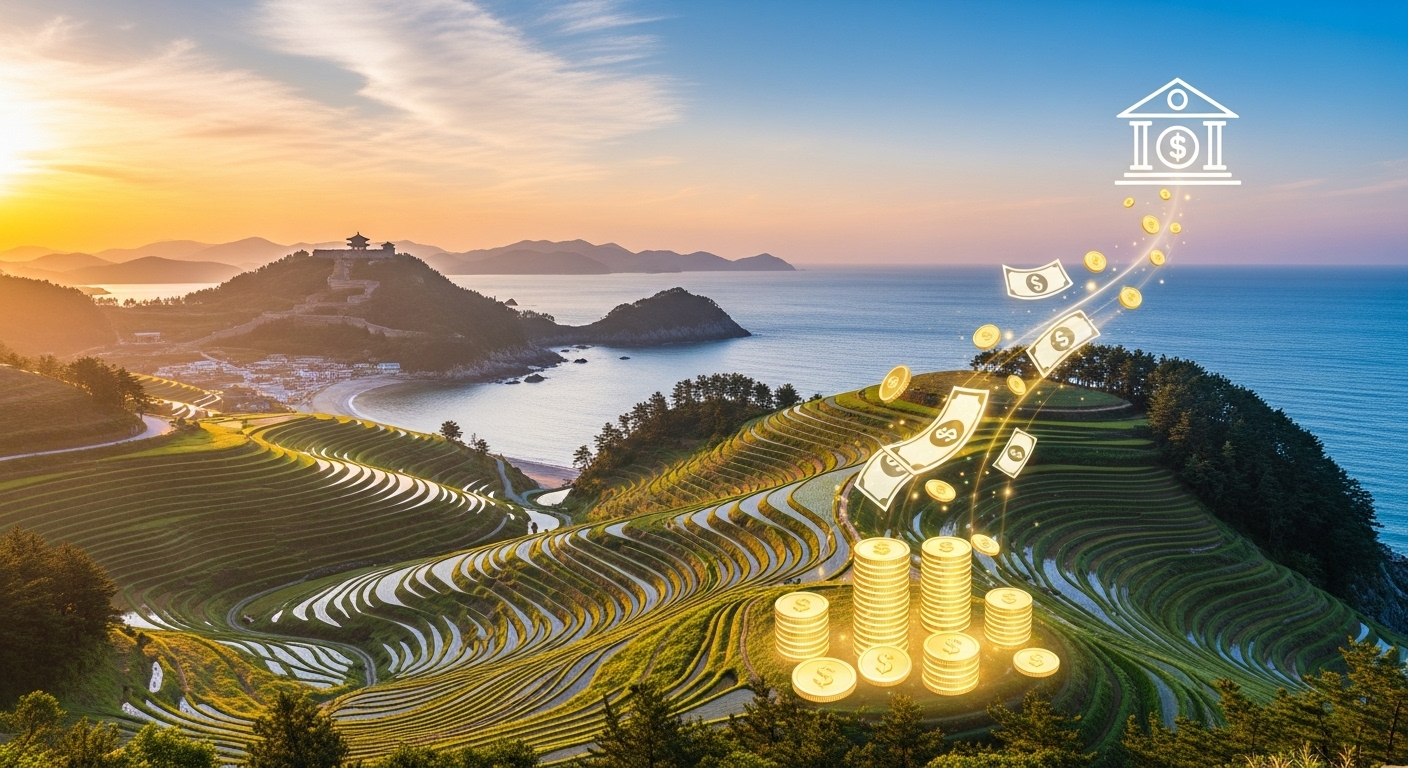 희망찬 미래를 상징하는 경남도의 아름다운 풍경과 연금 통장