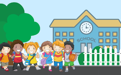 2025학년 취학통지서 인터넷 발급 방법과 관련있는 학교 그림과 등교중인 아이들 그림