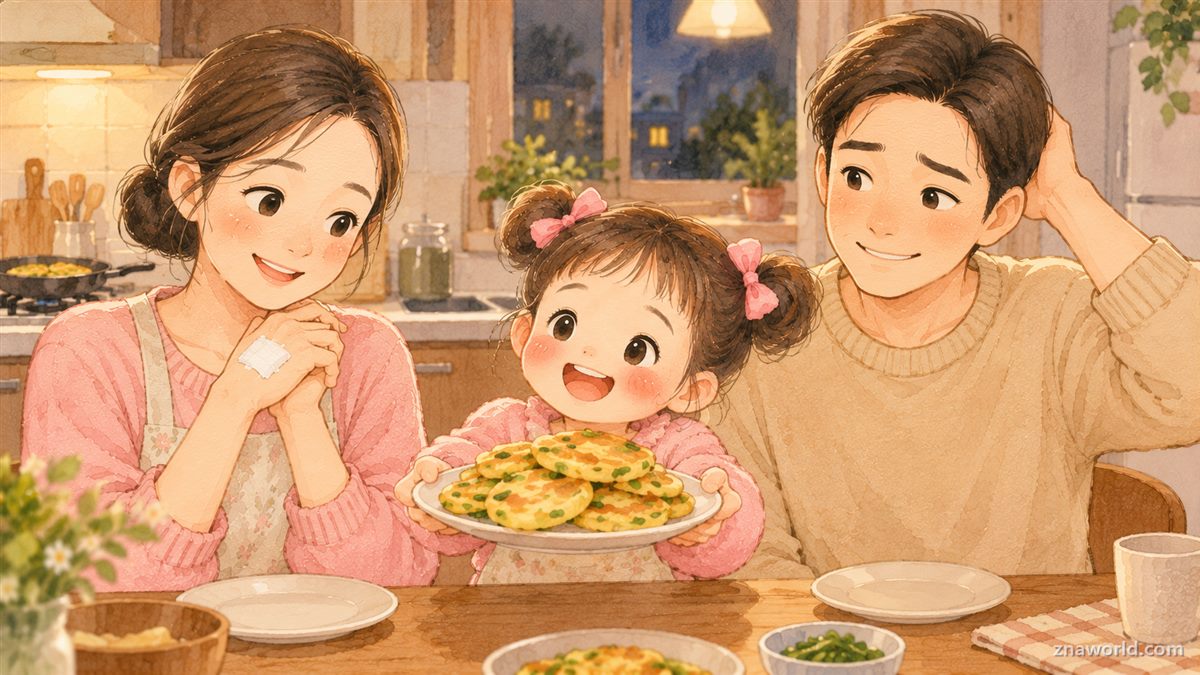 화상 처치를 마치고 완성된 전을 함께 보는 가족