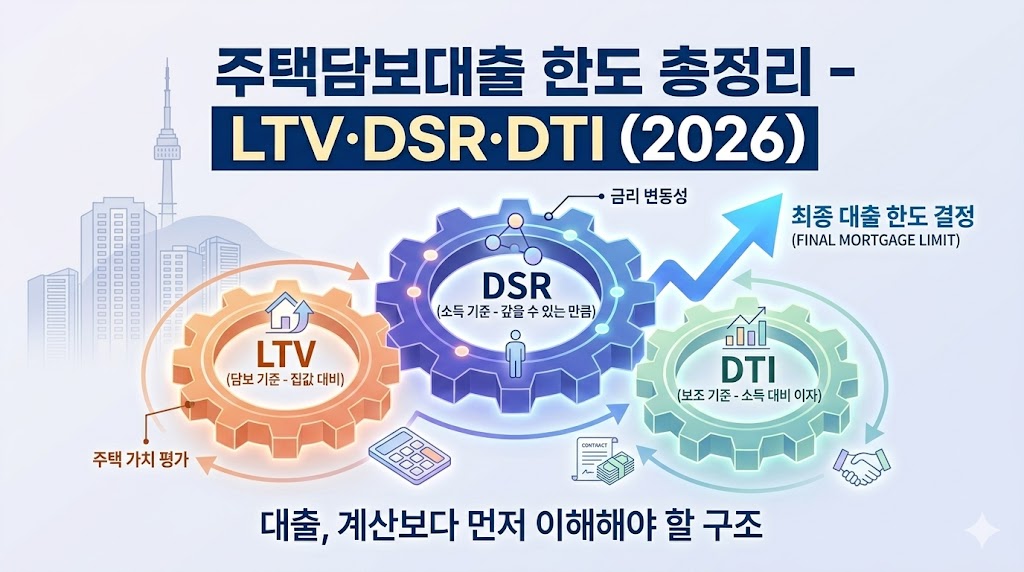 LTV, DSR, DTI 세 가지 규제가 톱니바퀴처럼 맞물려 대출 한도를 결정하는 구조를 시각화한 썸네일