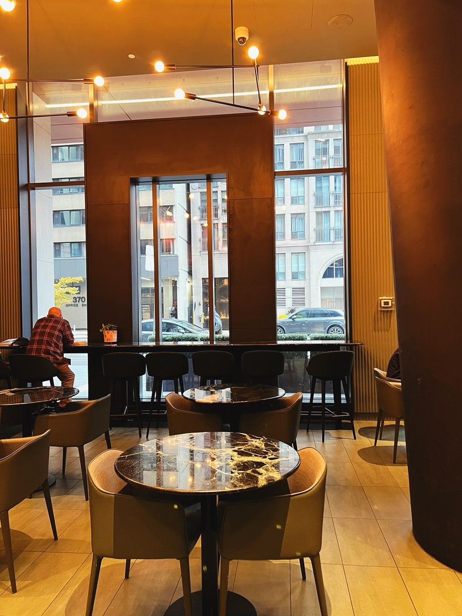 Cozy interior of Virtu Cafe with warm lighting