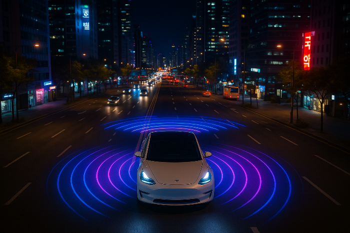 한국 도심에서 자율주행 모드로 주행하는 테슬라 차량 이미지