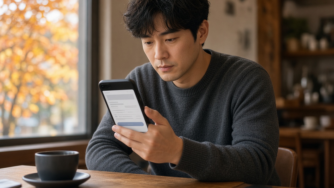 카페에서 스마트폰으로 자격시험 원서 접수 화면을 확인하는 30대 한국인 남성
