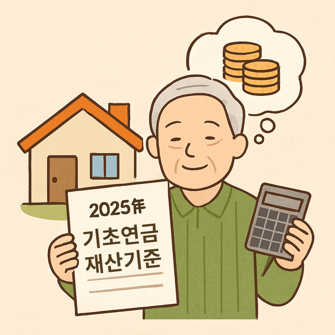 기초연금재산기준표를 보고 계산을 하고 있는 할아버지 일러스트