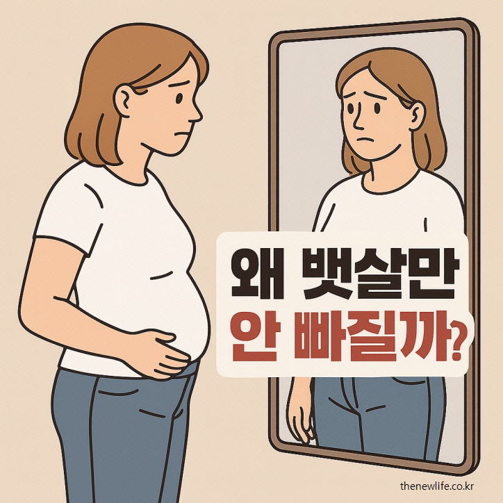 거울 앞에서 뱃살을 걱정하며 바라보는 여성의 일러스트, "왜 뱃살만 안 빠질까?"라는 문구 포함