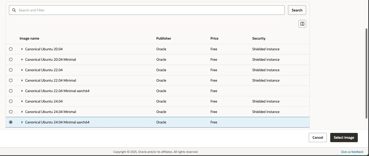 오라클 클라우드 - Compute - Create Instances - Basic Information - Image and shape - Image - Select Image - Image List