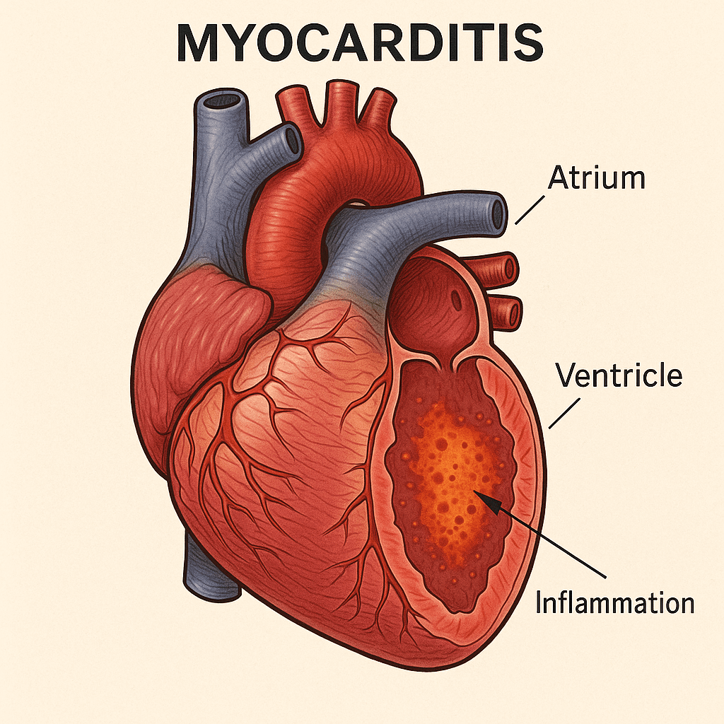 심장의 해부학적 구조와 염증이 퍼져 있는 모습(출처**자체제작)