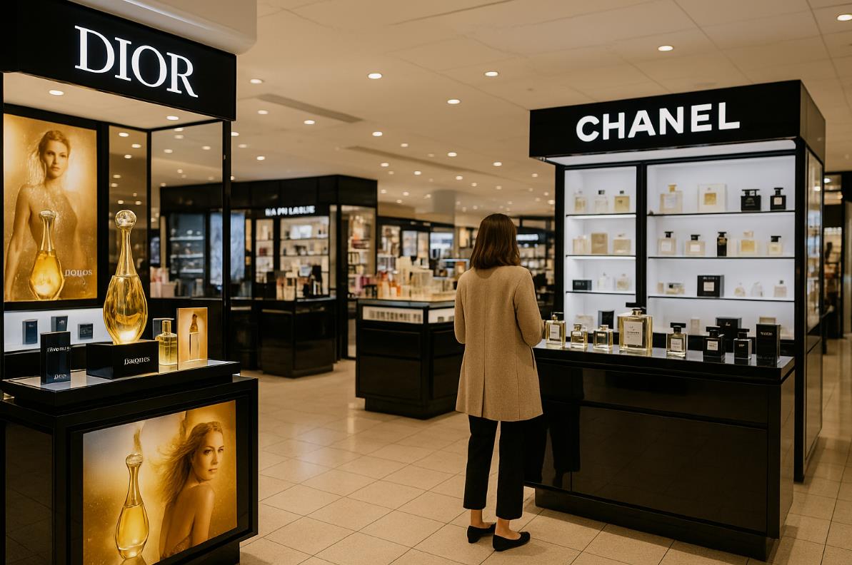 고급 백화점 매장의 샤넬&middot;디올 향수 매대 분위기 공간