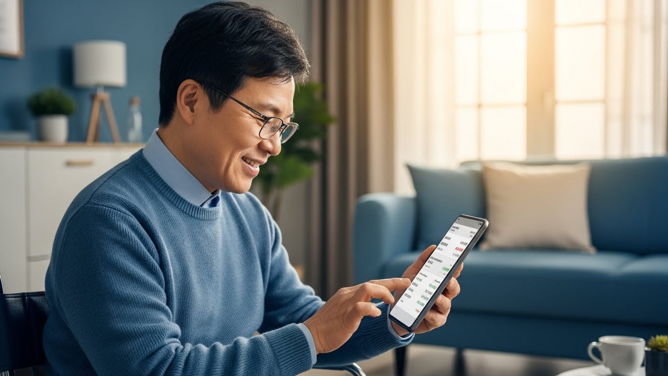 2026년 장애인연금 인상 소식을 확인하며 미소 짓는 중증장애인, 따뜻하고 안정적인 분위기.