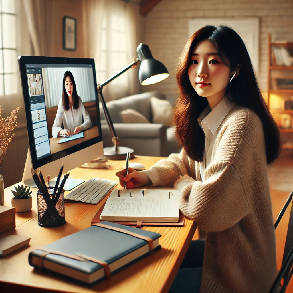 홈오피스에서 온라인 강의를 들으며 노트에 필기하는 젊은 여성