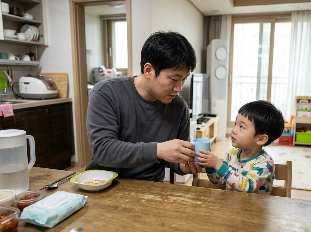 아빠가 아이에게 물을 먹이는 모습