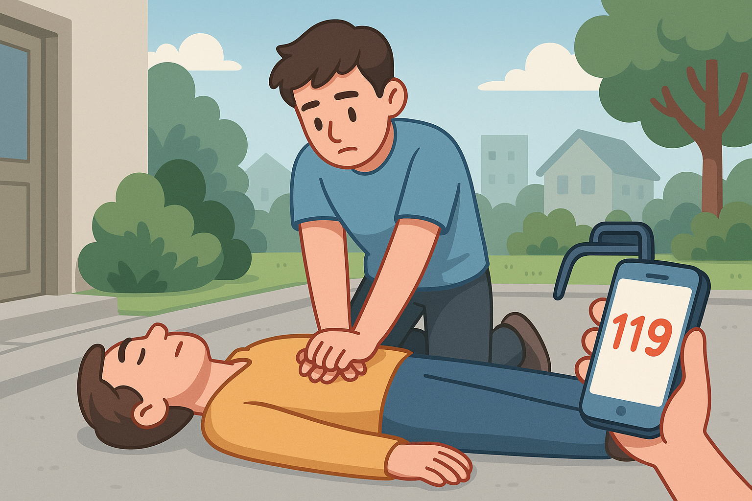 일상적인 거리에서 일반인이 쓰러진 사람에게 심폐소생술을 시행하고 있는 장면의 일러스트