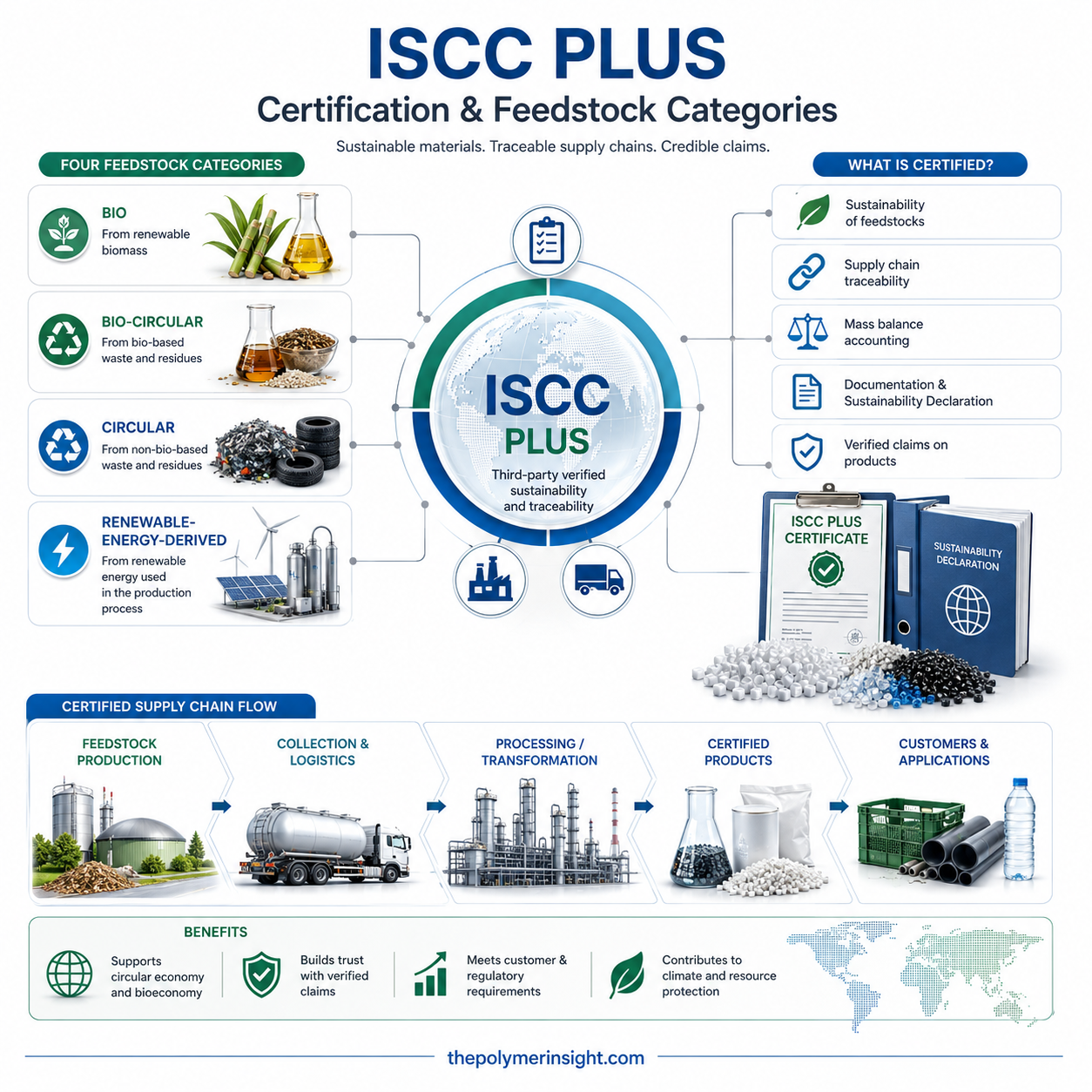 ISCC PLUS의 Bio, Bio-circular, Circular 및 Renewable-energy-derived 원료 범주와 공급망 인증 구조
