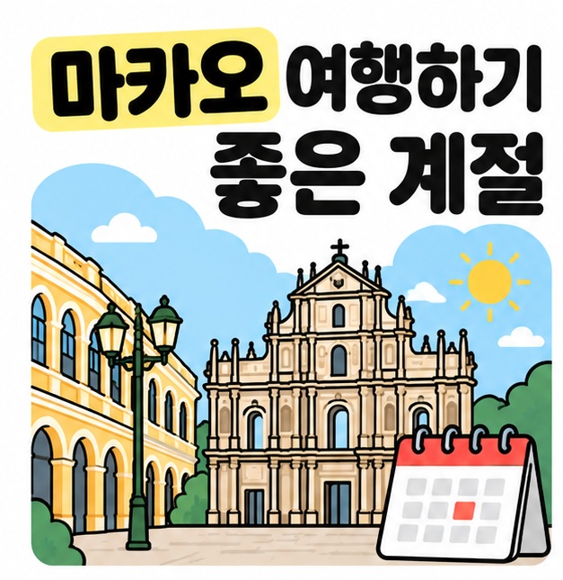 마카오 여행하기 좋은 계절 제목과 세나도 광장, 달력, 맑은 날씨를 보여주는 그림