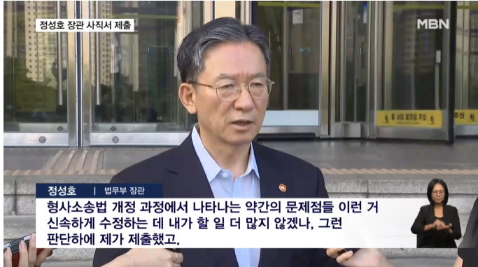 정성호 법무부 장관 사직서 제출