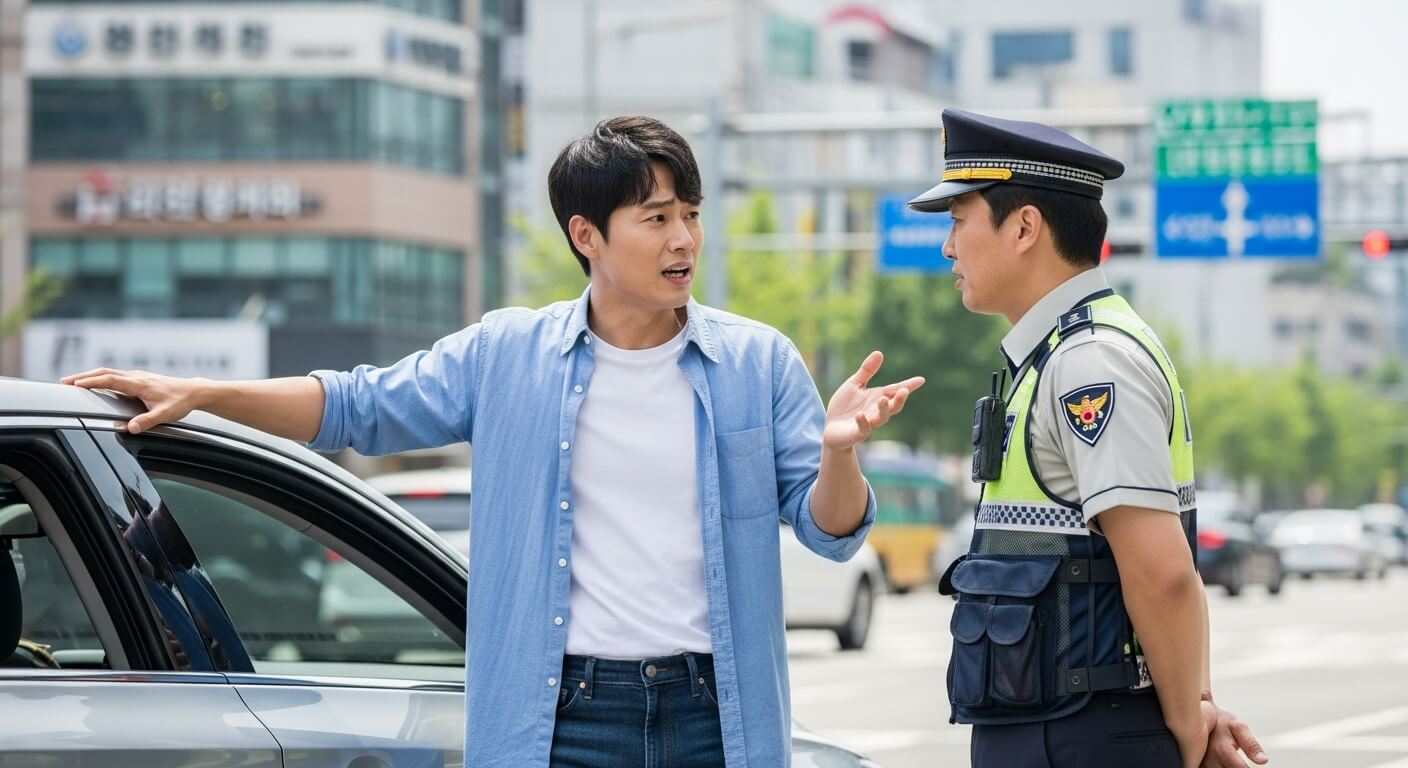 도심 거리에서 운전자가 교통경찰에게 범칙금에 대해 항의하는 장면