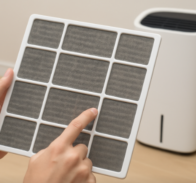 제습기 필터를 손으로 들고 재사용 상태를 점검하는 모습