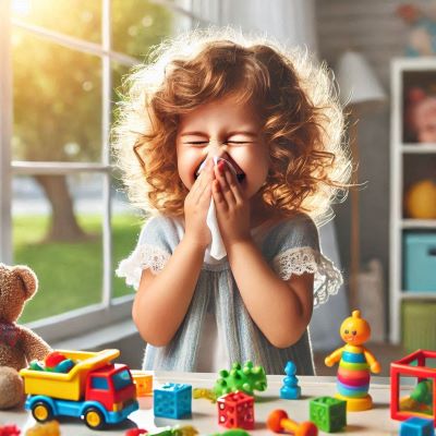 알레르기 비염으로 코를 닦는 아이