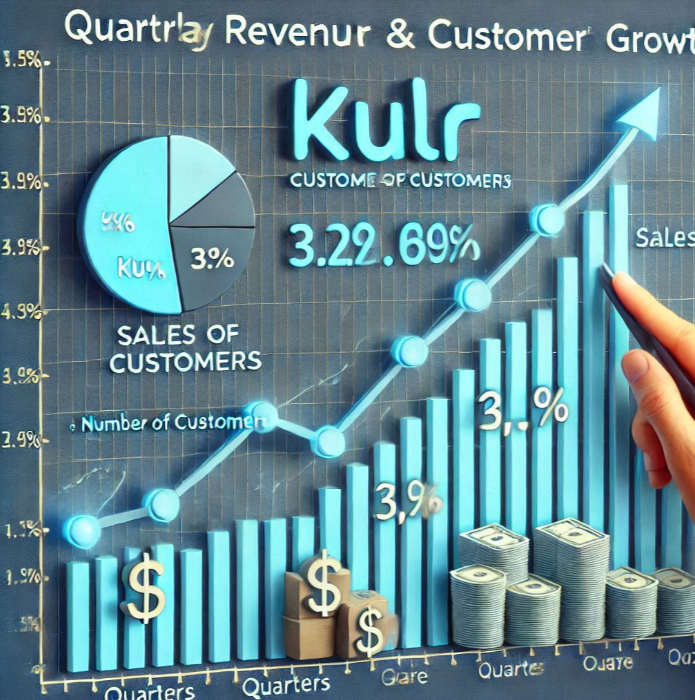 KULR의 분기별 매출 및 고객 수 증가 추이를 보여주는 그래프 이미지: X축은 분기, Y축은 매출액과 고객 수를 나타내며, 두 지표 모두 상승 추세를 보여주는 선 그래프
