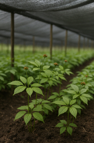 새싹삼 농장에서 햇볕을 받으며 자라는 새싹삼의 모습