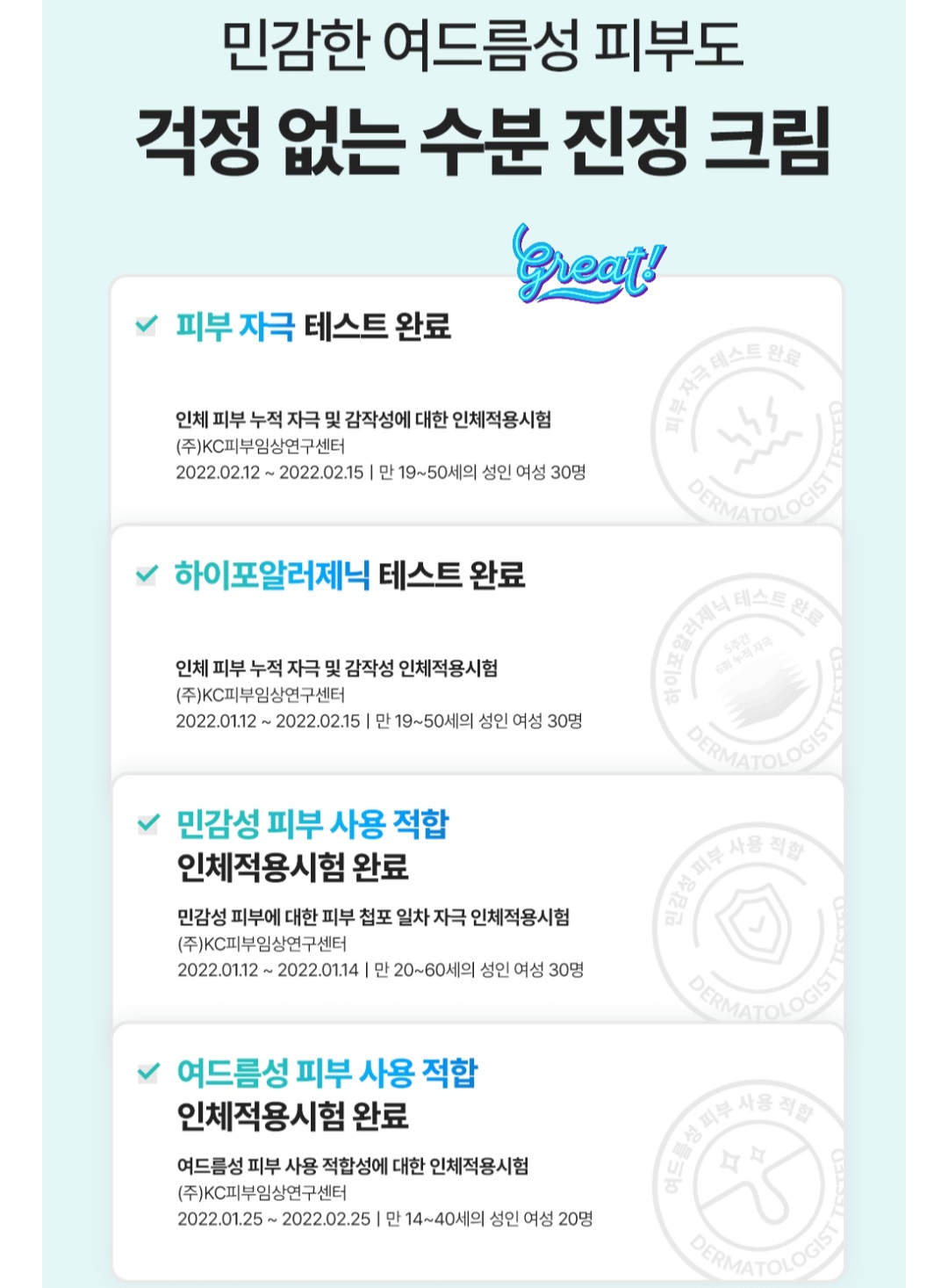 하이포알러제닉 및 논코메도제닉 피부 적합성 테스트 인증서 레이아웃