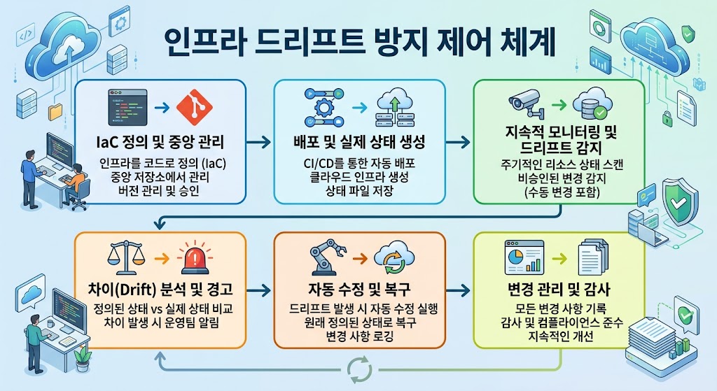 코드 배포 시 인프라 일치성을 검증하는 자동화 워크플로우 단계를 나타낸 핫핑크 포인트의 대시보드