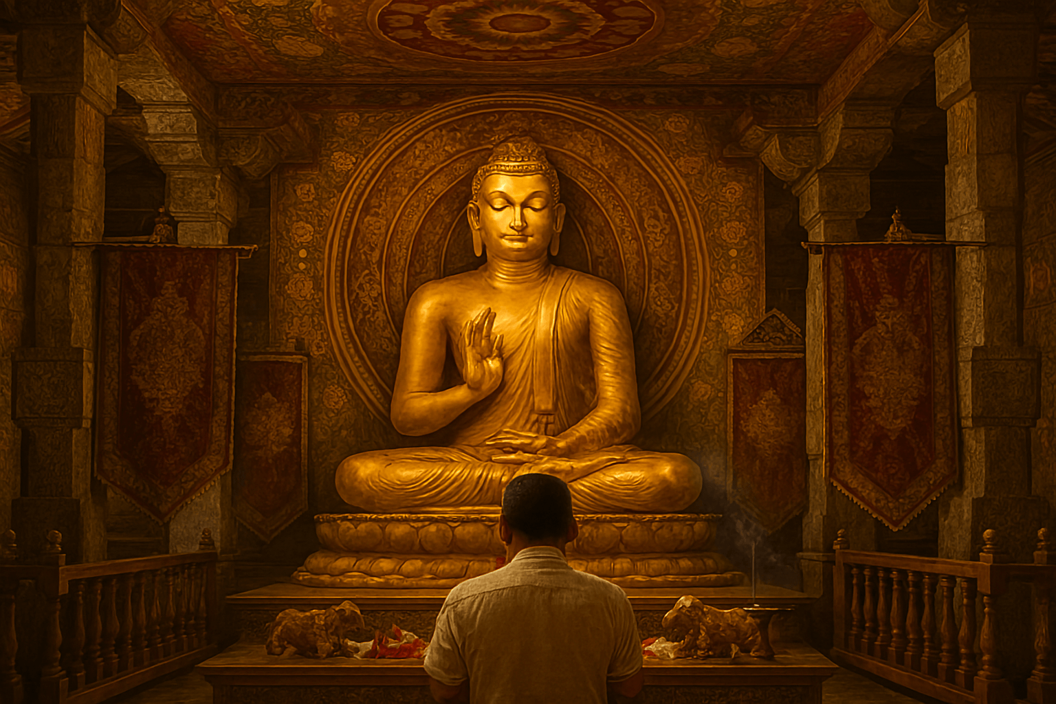 스리랑카 불교의 성지인 캔디 불치사의 화려하고 웅장한 내부 모습. 황금색 불상이 안치되어 있고, 불심 깊은 신자들이 경건하게 기도하는 장면.