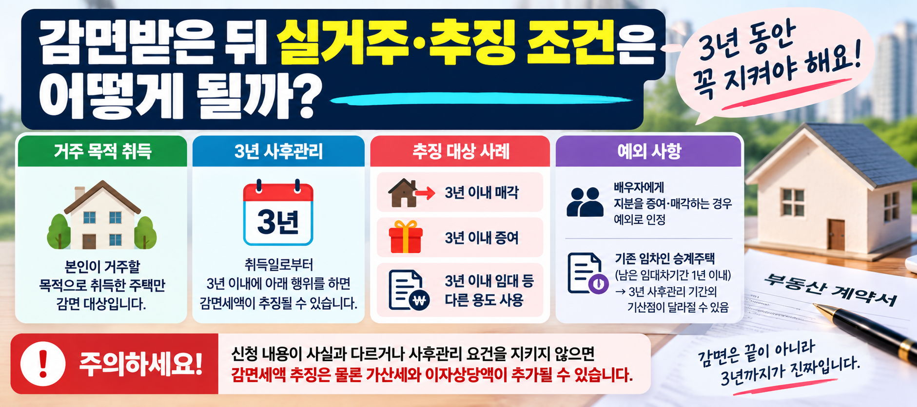 생애최초 취득세 감면 후 3년 실거주·매각·임대 추징 조건 이미지