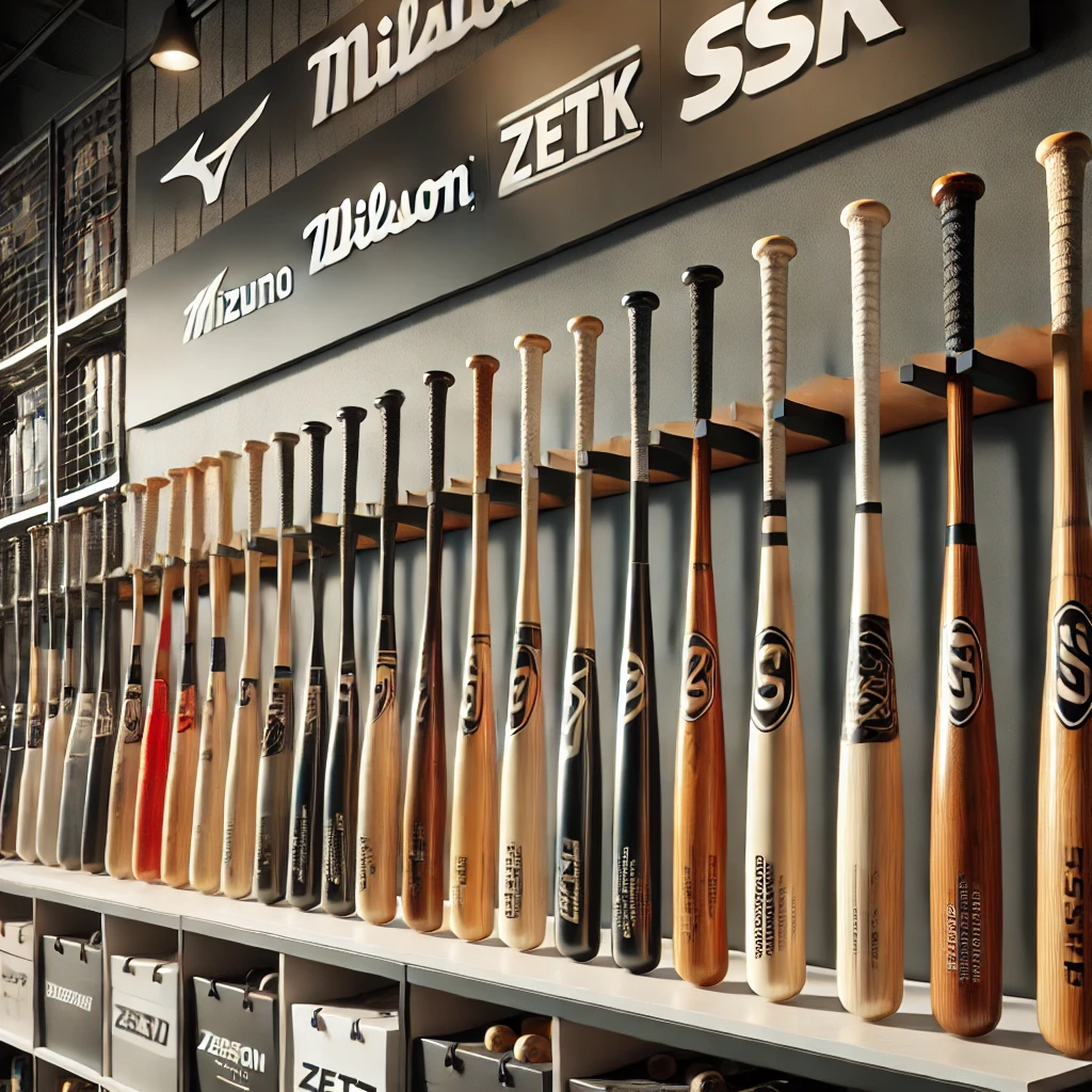다양한 브랜드 로고가 새겨진 야구 배트 모음