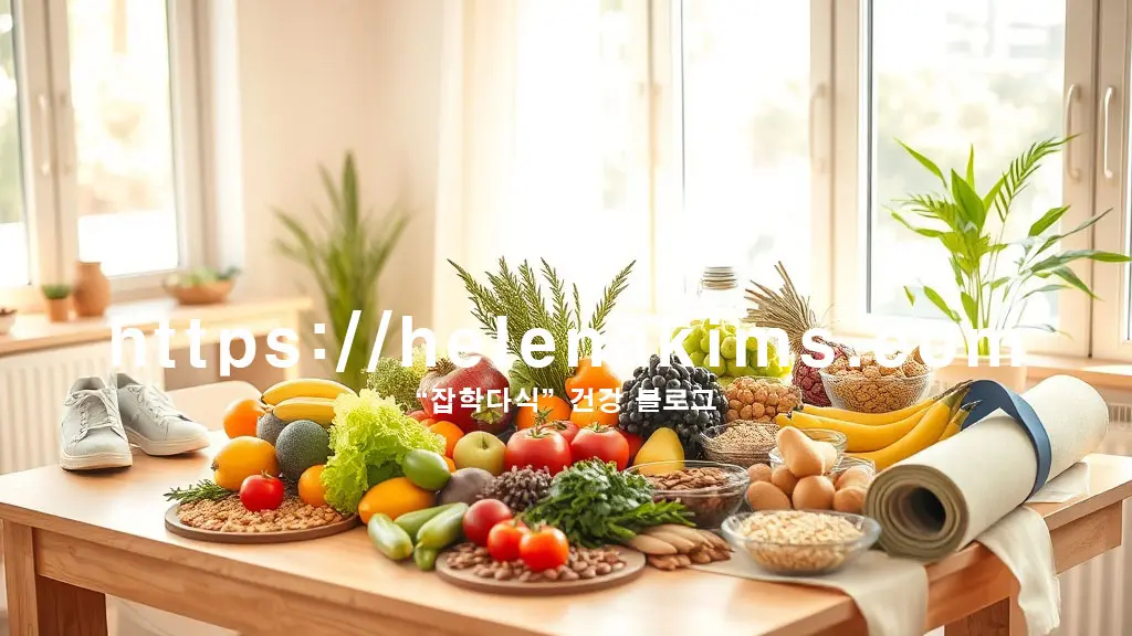 신선한 채소, 과일, 통곡물, 건강한 견과류로 가득 채워진 식탁. 그 옆에는 가벼운 운동화와 요가 매트가 놓여 있어 건강한 식단과 규칙적인 운동이 조화로운 생활 모습.