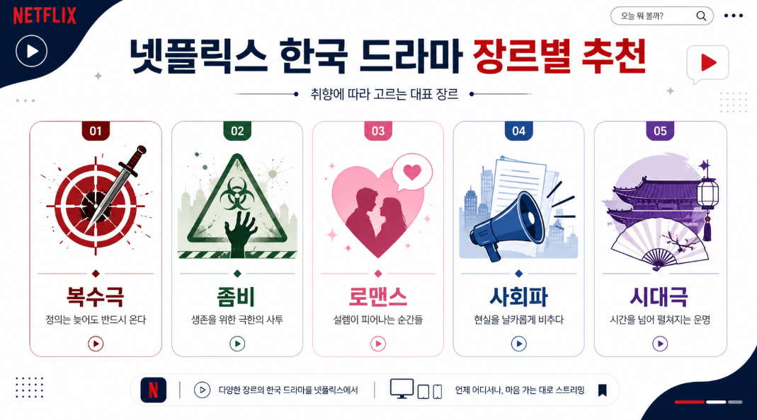 넷플릭스 한국 드라마 추천작을 복수극 좀비 로맨스 사회파 장르별로 정리한 이미지