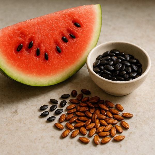 수박 조각과 함께 놓인 생 수박씨와 볶은 수박씨