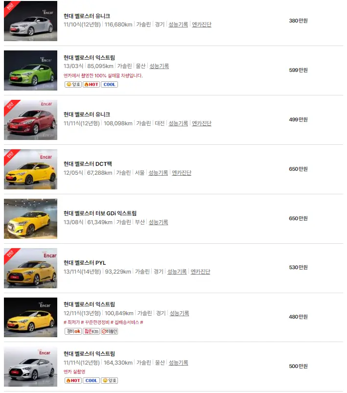 현대 벨로스터 (11년 ~ 14년) 중고차 가격