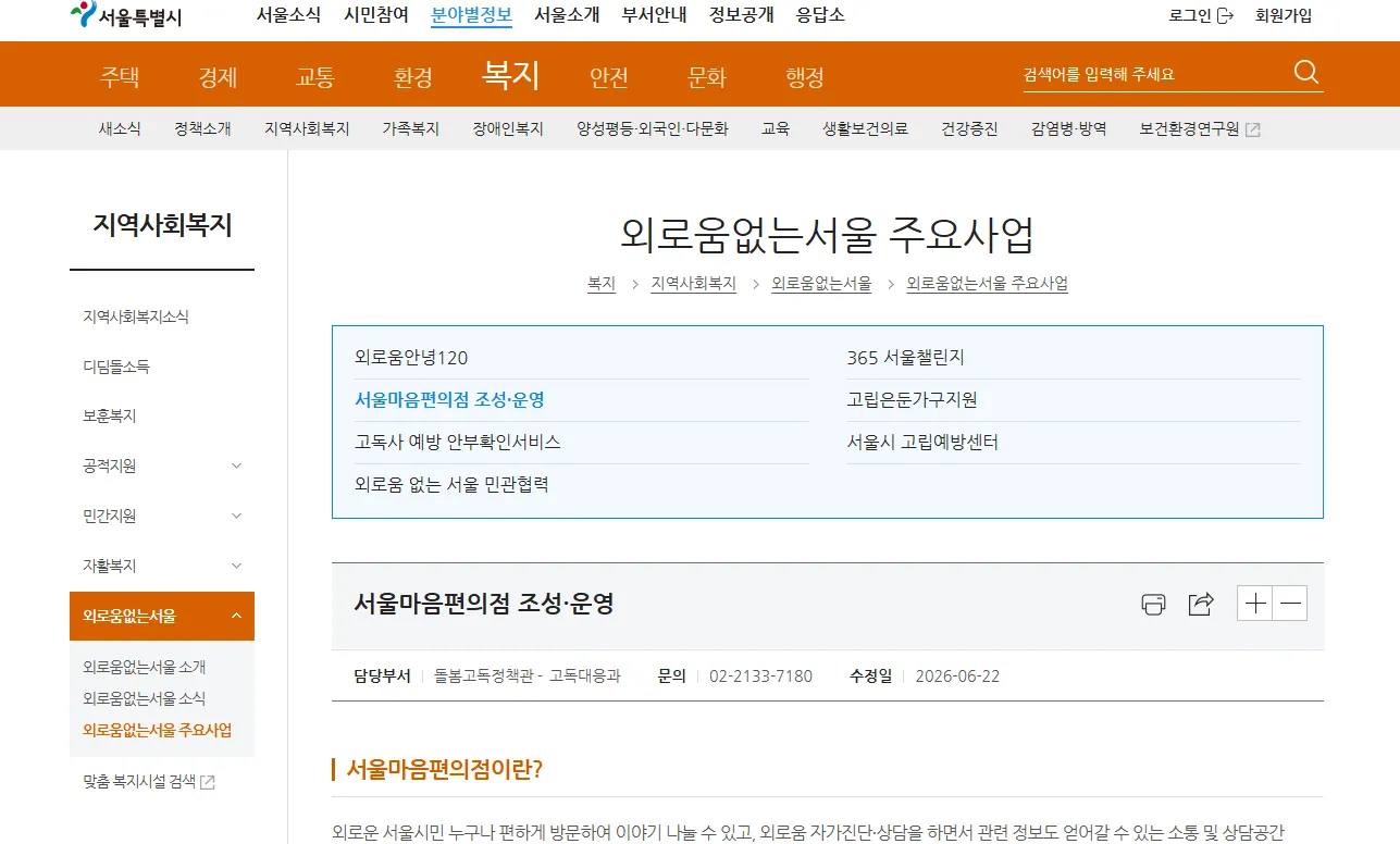 외로움없는서울 주요사업 서울마음편의점