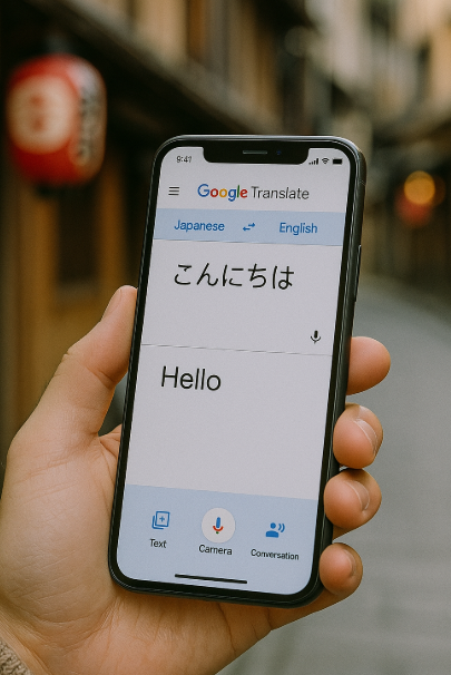 구글 번역앱으로 통역하고 있는 사진