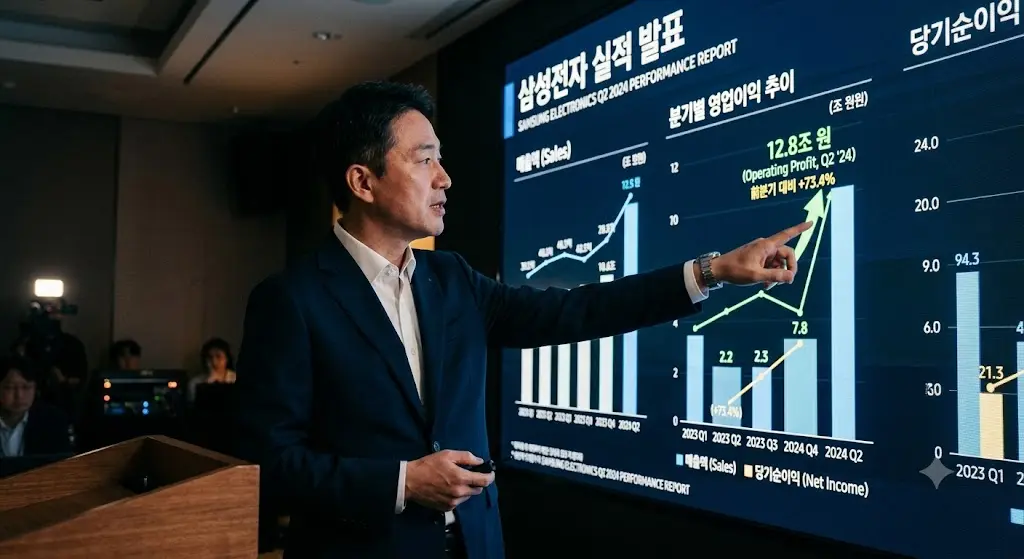 삼성전자 실적 발표 자료 화면, 손가락으로 그래프를 짚는 모습, 시네마틱 컬러그레이딩