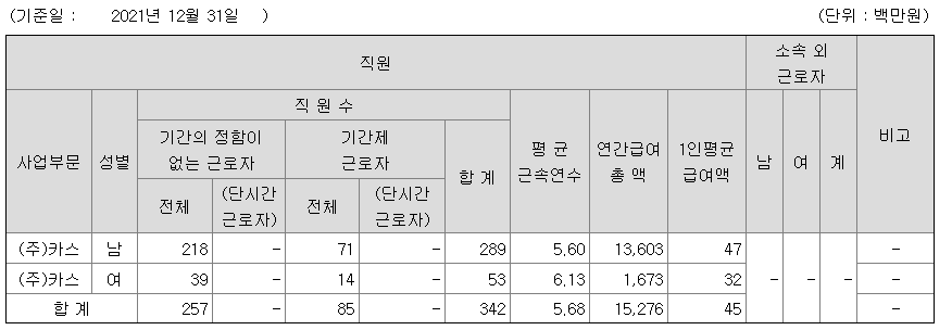 카스 2021년 평균 연봉 정보