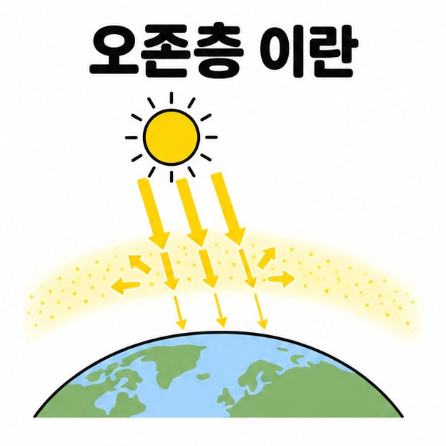 오존층 이란 제목과 지구 위의 오존 분포 영역이 태양 자외선을 줄이는 개념 그림