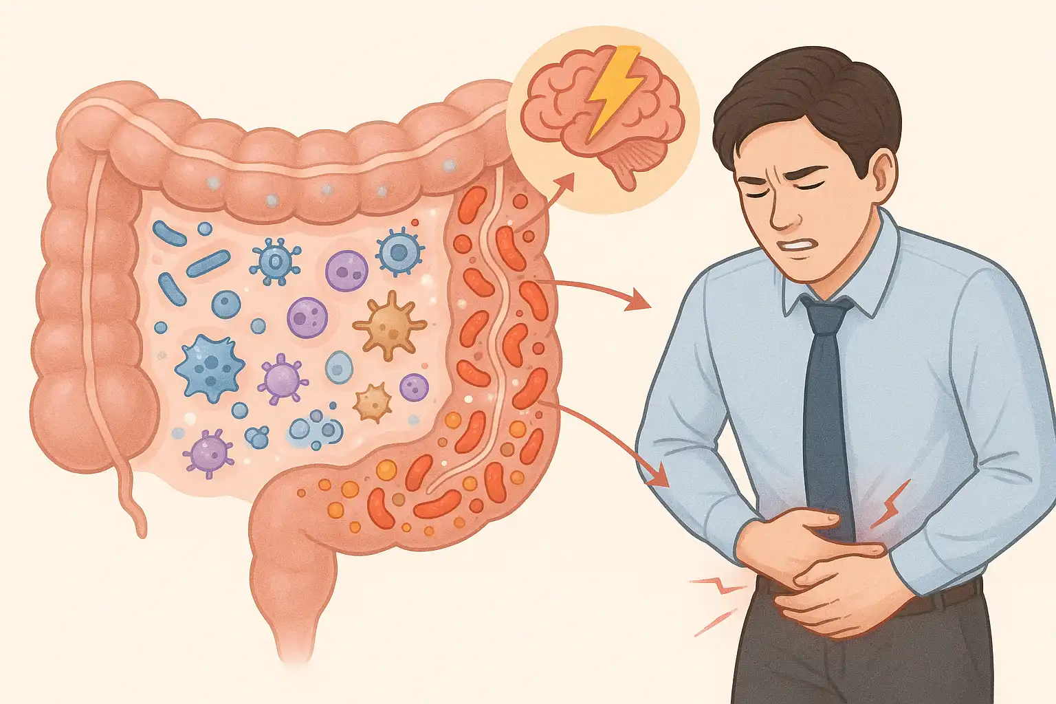 장내 세균 균형이 깨진 모습, 젊은 사람이 배를 움켜쥐고 통증을 호소