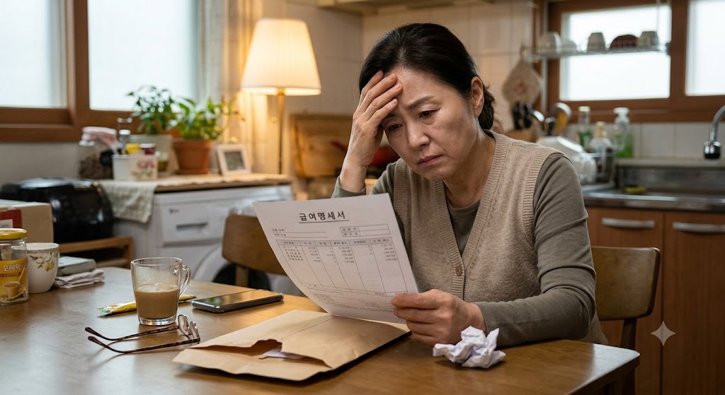 급여명세서를 보고 한숨 짓는 생활지원사