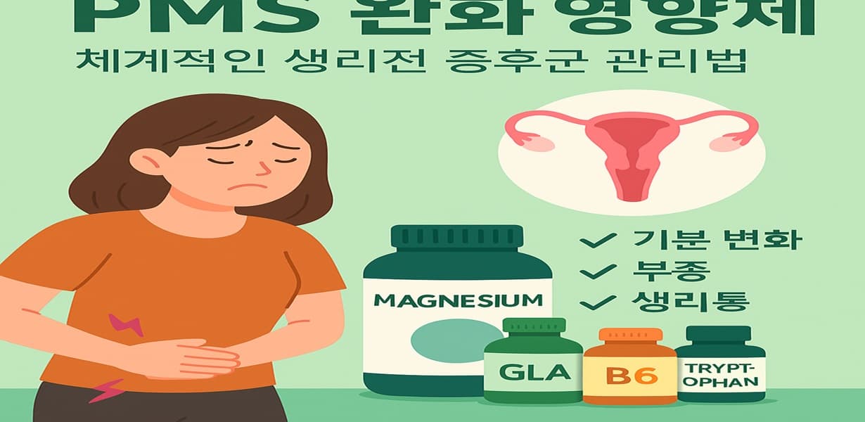 복부를 누르고 있는 여성과 마그네슘, GLA, 비타민B6, 트립토판 보충제가 함께 있는 PMS 인포그래픽