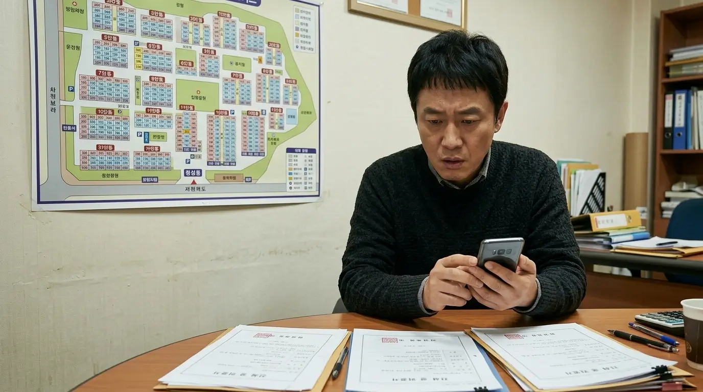 한국의 부동산 중개업소 내부에서 40대 남성 매수자가 진지한 표정으로 전세 퇴거 자금 대출 조건 안내문을 확인하는 사실적인 장면