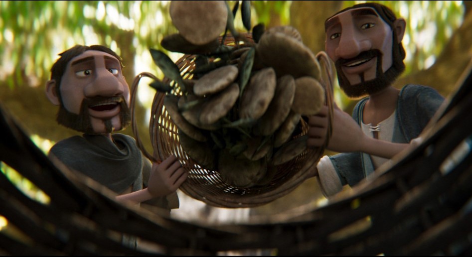 킹 오브 킹스 애니메이션에서 기적의 떡바구니를 들고 있는 제자 베드로의 장면