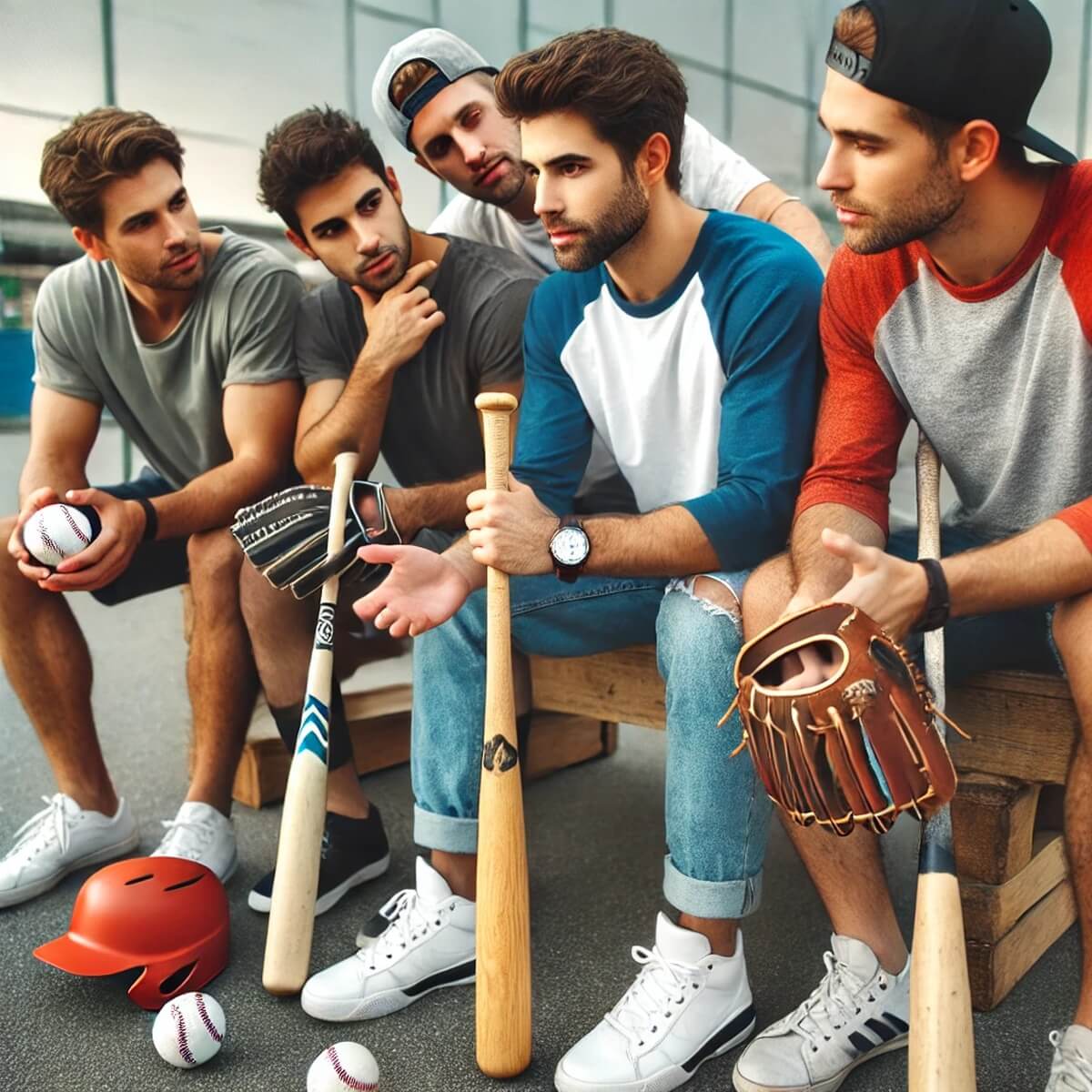 팀원들이 각자의 장비를 비교하며 고르는 장면