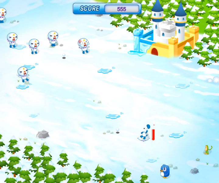 눈-몬스터의-침입-플래시게임-플레이-팬더로-적에게-눈덩이를-던지는-화면