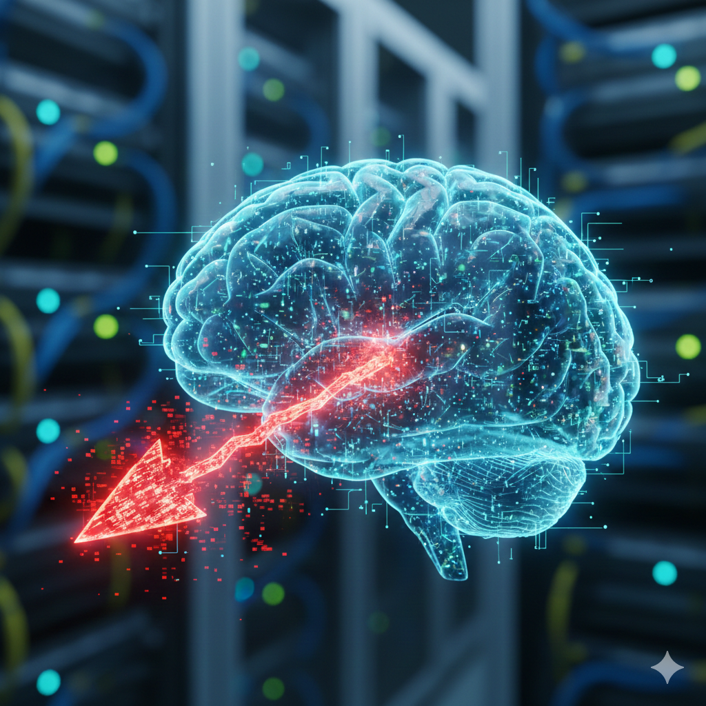 어두운 서버 랙 배경 앞에 반투명한 푸른색 인간의 뇌 형태가 입체적으로 떠 있어요. 뇌의 왼쪽 하단에서 중심부를 향해 붉은색의 깨진 화살표 모양 데이터 스트림이 강하게 타격하는 모습으로, 인공지능 모델의 핵심 로직을 마비시키는 프롬프트 인젝션 공격의 본질을 상징적으로 표현했어요.